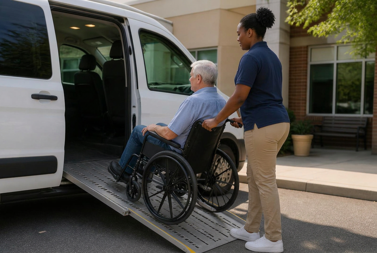 A driver in a professional uniform helping an elderly man in a wheelchair out of a wheelchair-accessible van outside a clinic