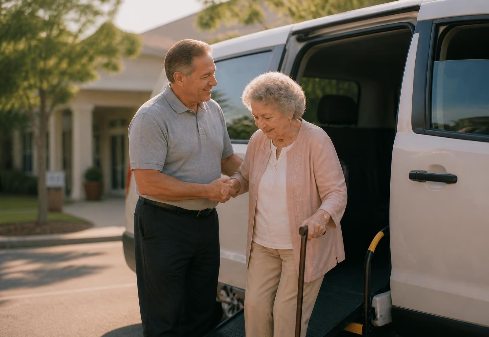 A driver helping an older woman step down from a wheelchair-accessible van outside a clinic